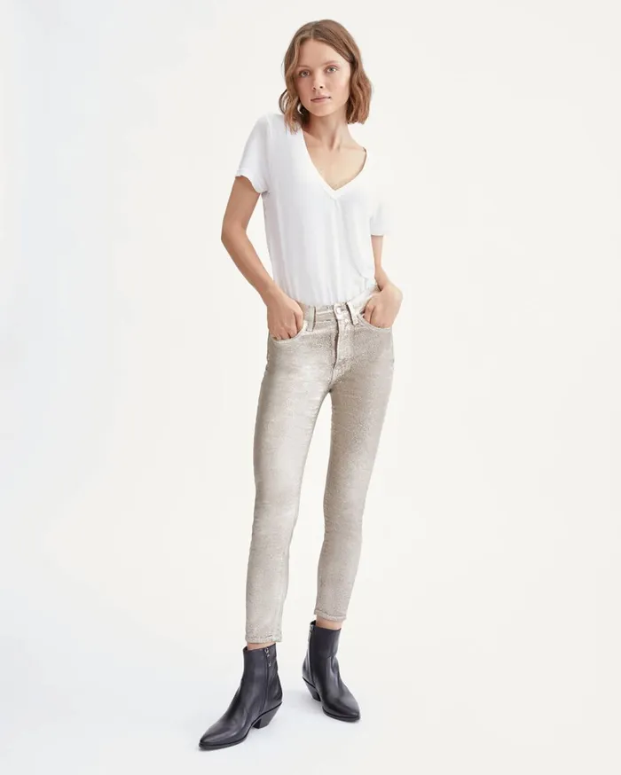 Pants Women 7 For All Mankind High Waist Velvet Ankle Skinny In Metallic Gold