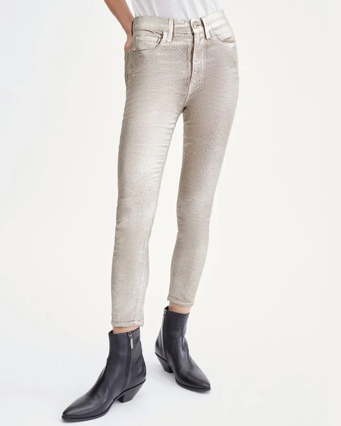 Pants Women 7 For All Mankind High Waist Velvet Ankle Skinny In Metallic Gold