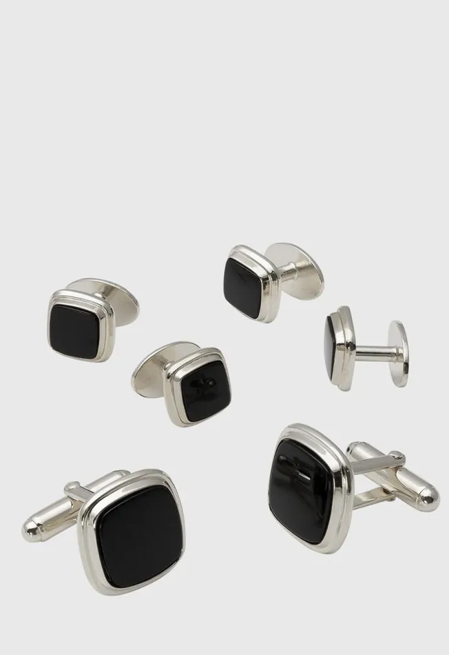 Paul Stuart Jewelry Black Onyx Square Cufflink Stud Set Silver 8211 Men