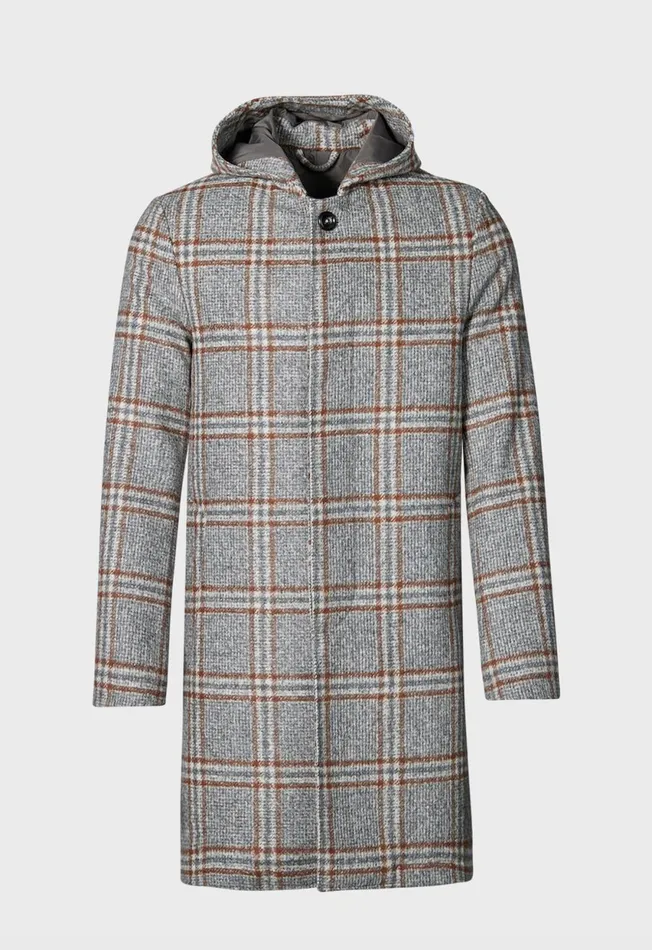 Paul Stuart Outerwear Hooded Plaid Coat Grey 8211 Men