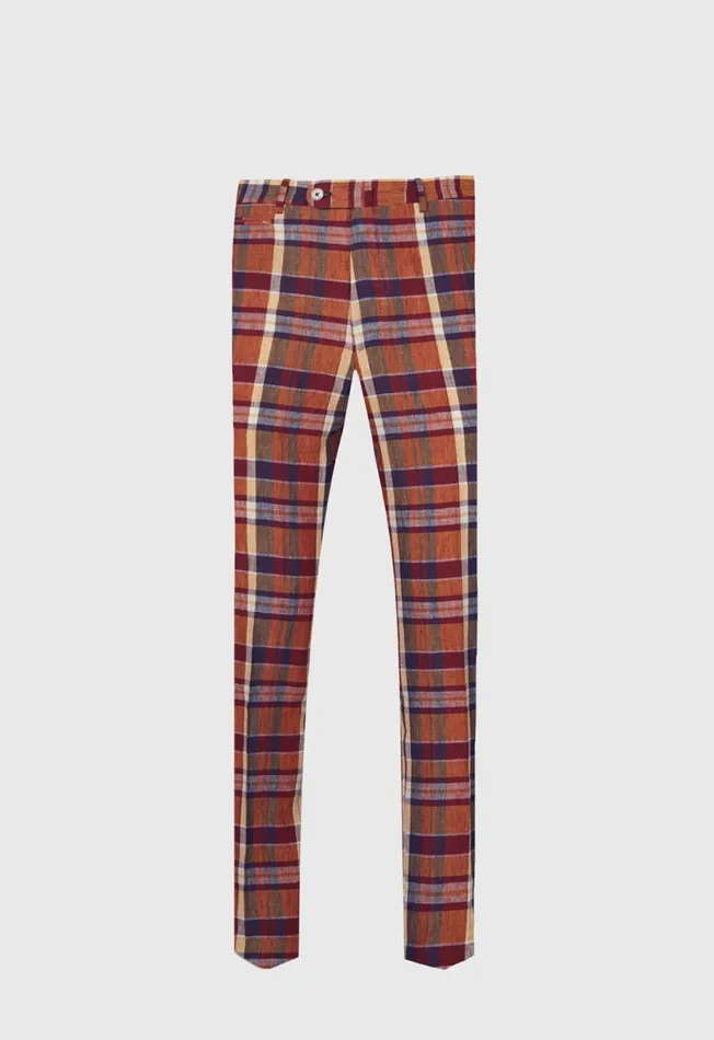 Paul Stuart Pants Linen Plaid Plain Front Dress Trouser Coral 8211 Men