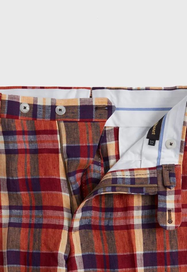 Paul Stuart Pants Linen Plaid Plain Front Dress Trouser Coral 8211 Men