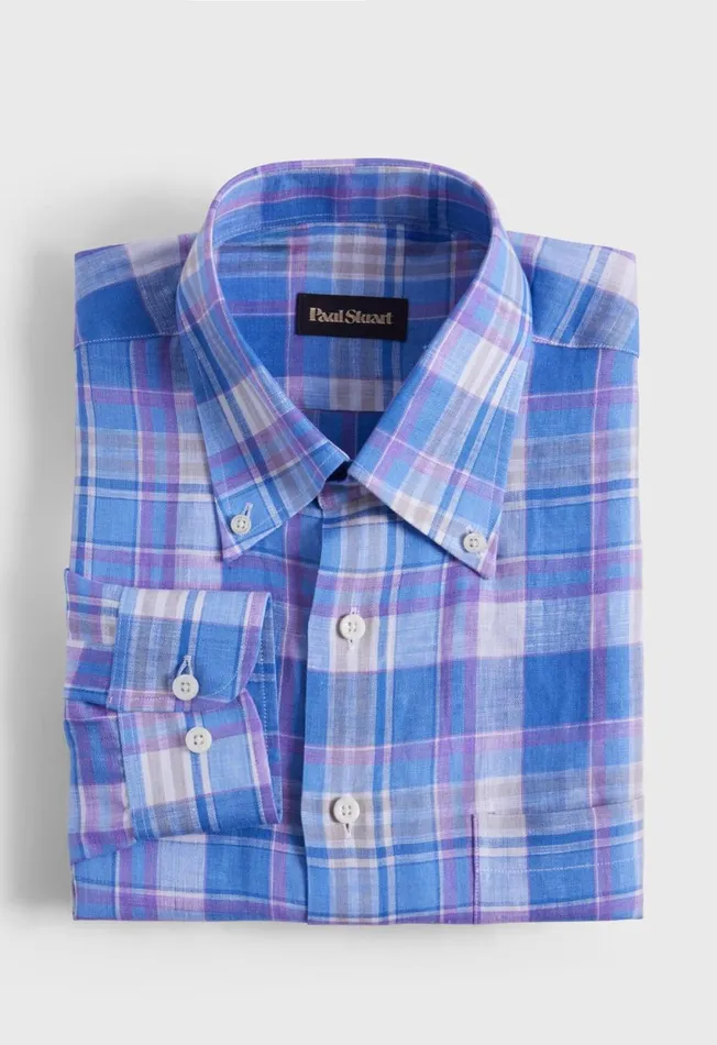 Paul Stuart Sport Shirts Linen Multicolor Plaid Sport Shirt Bluepurple 8211 Men