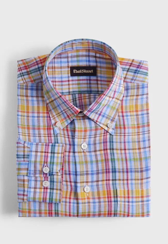 Paul Stuart Sport Shirts Linen Multicolor Plaid Sport Shirt Pinkpurple 8211 Men