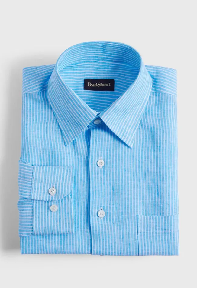 Paul Stuart Sport Shirts Linen Pencil Stripe Sport Shirt Green 8211 Men