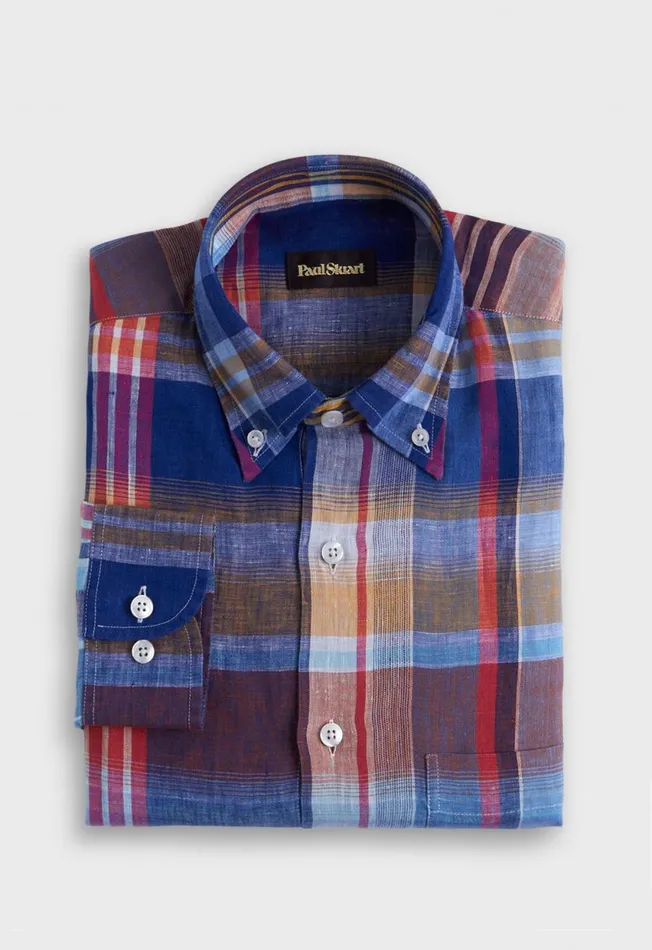 Paul Stuart Sport Shirts Linen Plaid Sport Shirt Bluepink 8211 Men