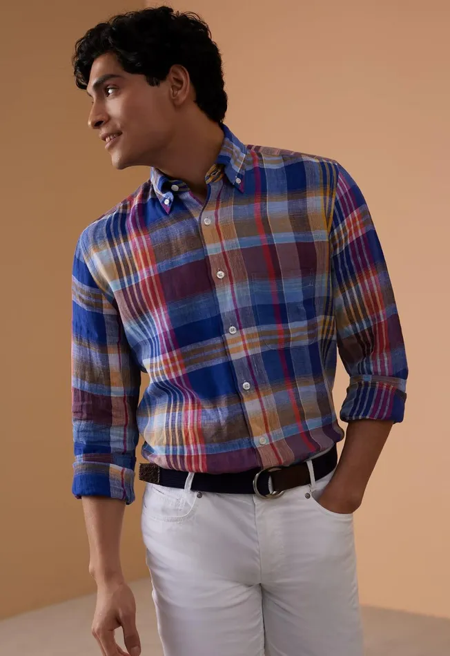 Paul Stuart Sport Shirts Linen Plaid Sport Shirt Bluepink 8211 Men Paul Stuart Sport Shirts Linen Plaid Sport Shirt Bluepink 8211 Men
