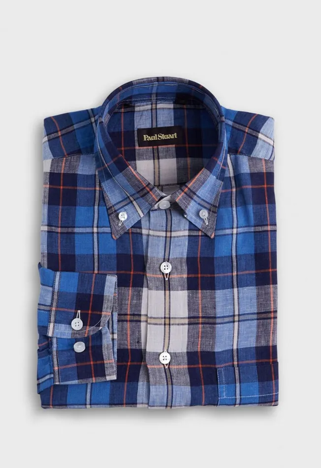 Paul Stuart Sport Shirts Linen Plaid Sport Shirt Bluered 8211 Men