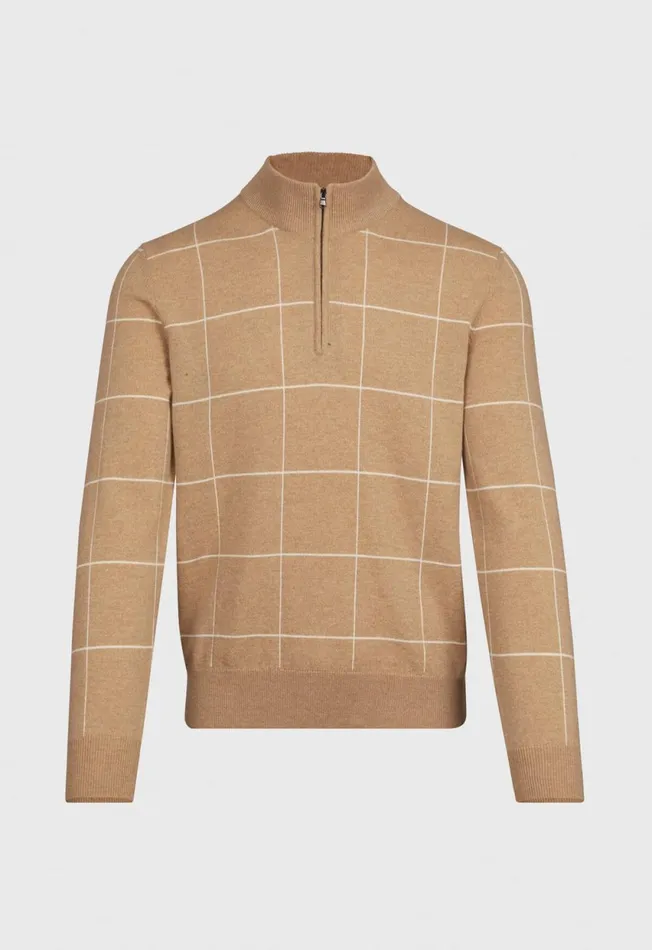 Paul Stuart Sweaters 14 Cashmere Zip Windowpane Sweater Camel 8211 Men