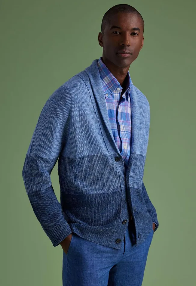Paul Stuart Sweaters Linen Rice Stitch Dgrad Cardigan Denim 8211 Men