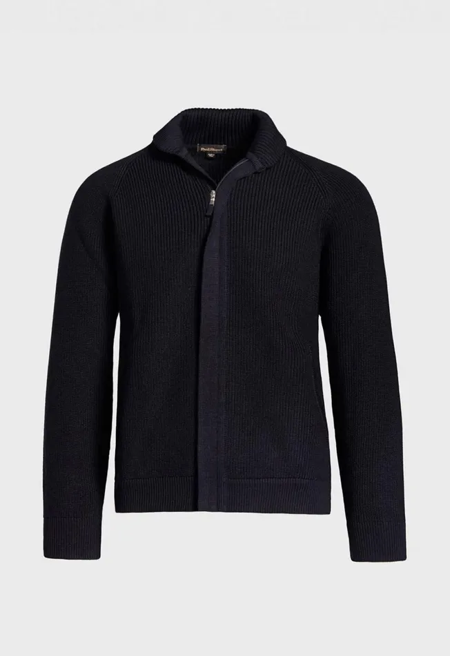 Paul Stuart Sweaters Merino Wool Ribbed Full Zip Cardigan Black 8211 Men