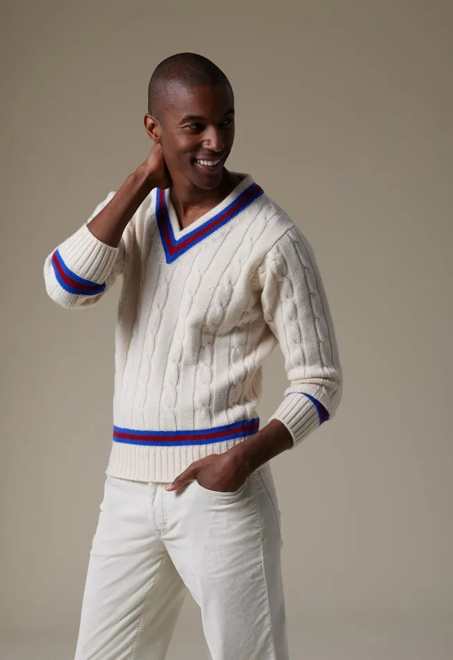 Paul Stuart Sweaters Striped VNeck Tennis Sweater White 8211 Men Paul Stuart Sweaters Striped VNeck Tennis Sweater White 8211 Men