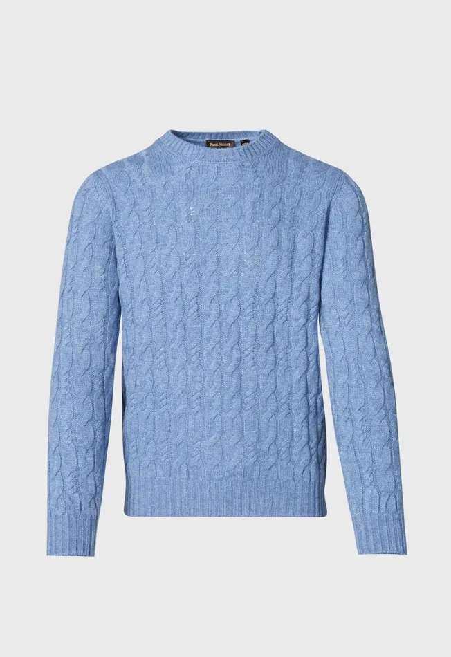 Paul Stuart Sweaters Wool Cable Sweater Light Blue 8211 Men