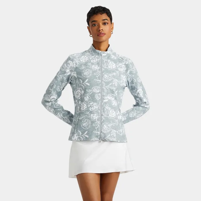 Peony Sketch Tech Interlock Full Zip Layer Heather Grey Women GFORE Tops