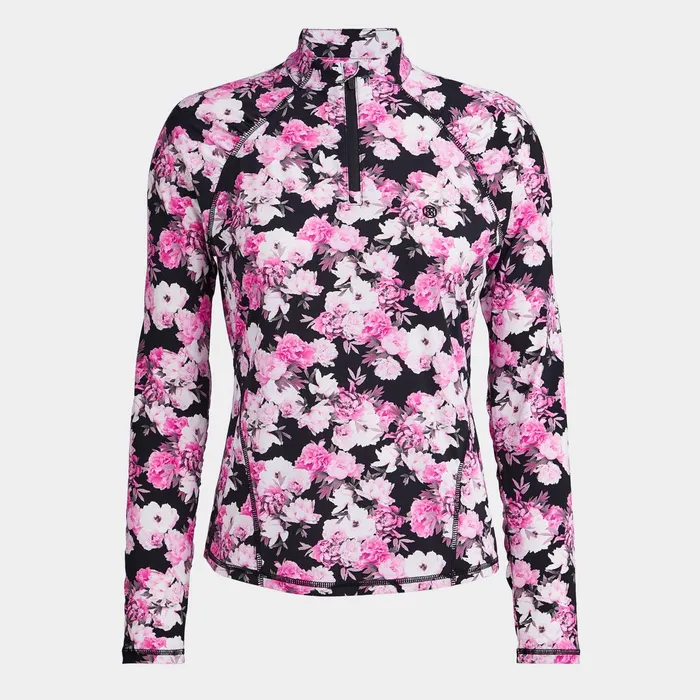 Photo Floral Silky Tech Nylon Ruched Quarter Zip Pullover Onyx Women GFORE Tops Photo Floral Silky Tech Nylon Ruched Quarter Zip Pullover Onyx Women GFORE Tops