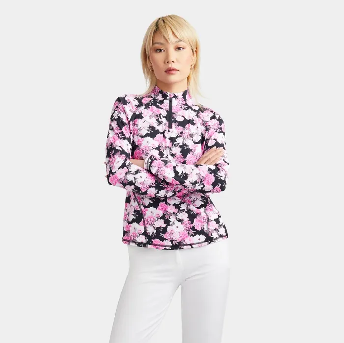 Photo Floral Silky Tech Nylon Ruched Quarter Zip Pullover Onyx Women GFORE Tops