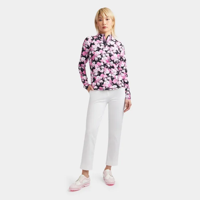 Photo Floral Silky Tech Nylon Ruched Quarter Zip Pullover Onyx Women GFORE Tops