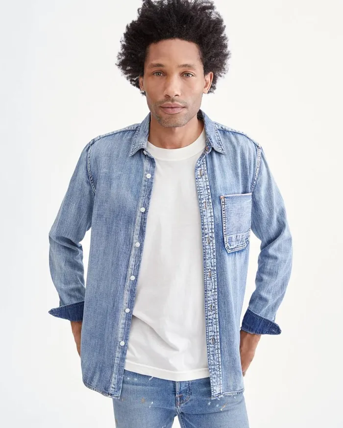 Shirts Men 7 For All Mankind Indigo Selvedge Shirt In Stone Wash