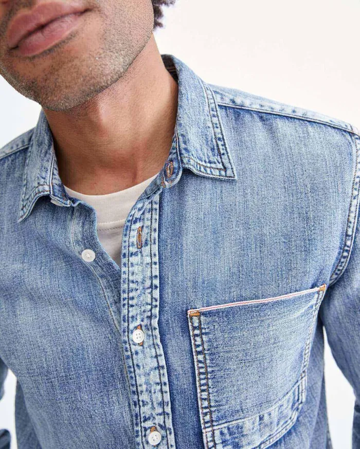 Shirts Men 7 For All Mankind Indigo Selvedge Shirt In Stone Wash