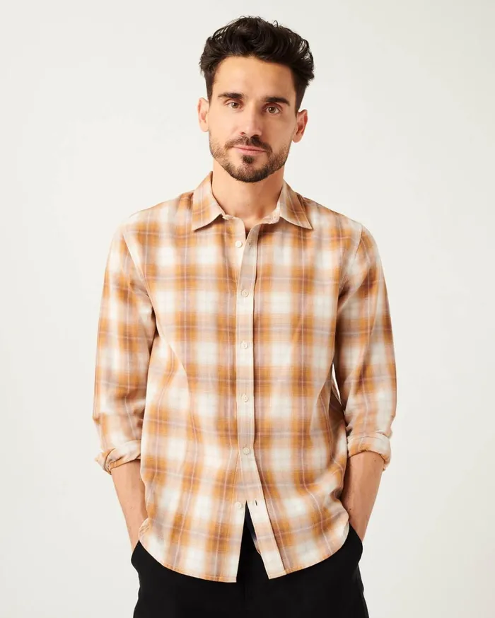 Shirts Men 7 For All Mankind Long Sleeve Plaid Shirt In Yellow White Plaid