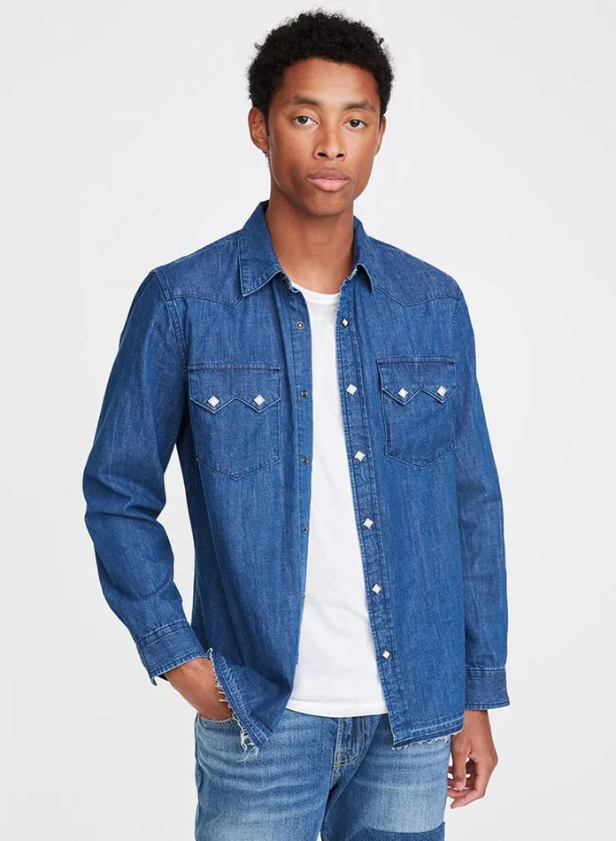 Shirts Men 7 For All Mankind Sawtooth Pocket Shirt In Medium Indigo