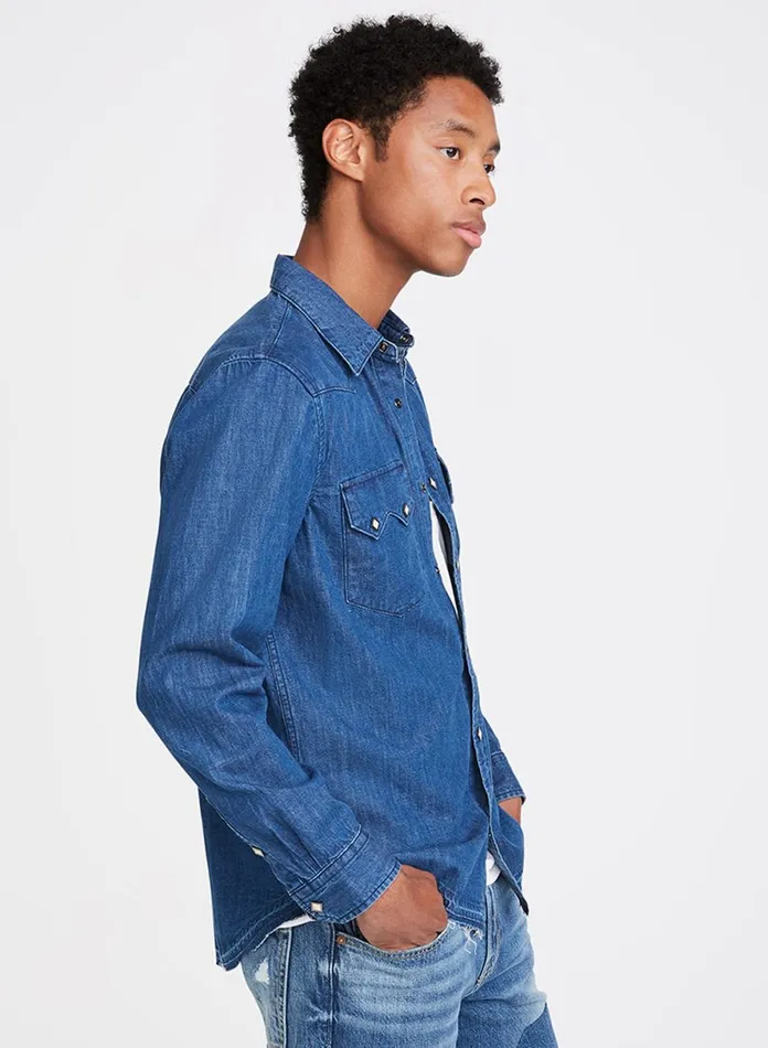 Shirts Men 7 For All Mankind Sawtooth Pocket Shirt In Medium Indigo