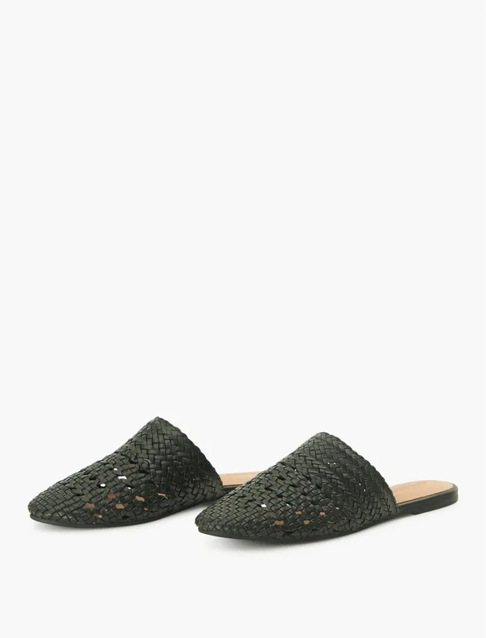 Shoes Women Lucky Brand Salt Umber Lily Leather Flat Slides Black