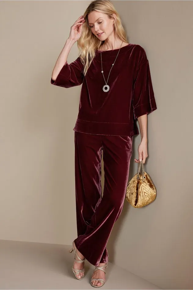 Soft Surroundings Aria Velvet Wide Leg Pants Cabernet Women Pants