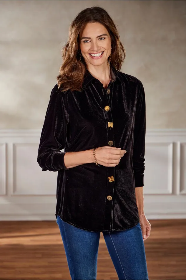 Soft Surroundings Filigree Velvet Boyfriend Shirt Black Women Tops