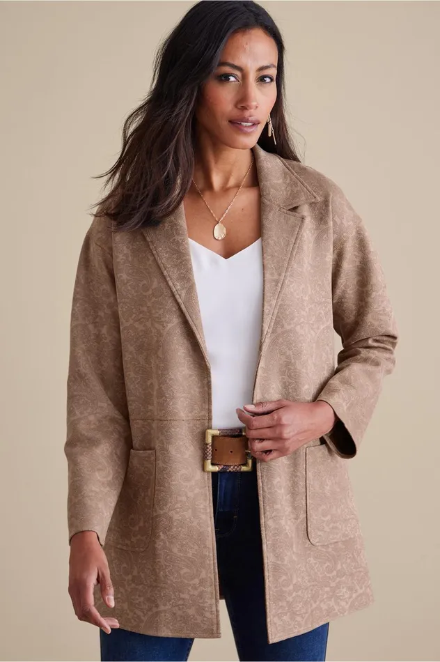 Soft Surroundings Malika Faux Suede Jacket Driftwood Paisley Women Jackets and Coats Soft Surroundings Malika Faux Suede Jacket Driftwood Paisley Women Jackets and Coats