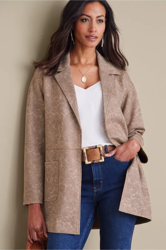 Soft Surroundings Malika Faux Suede Jacket Driftwood Paisley Women Jackets and Coats Soft Surroundings Malika Faux Suede Jacket Driftwood Paisley Women Jackets and Coats