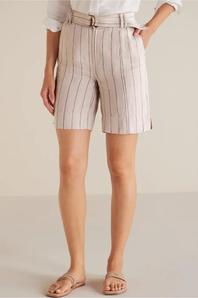 Soft Surroundings Montecito Linen Shorts Navy Tan Stripe Women Pants