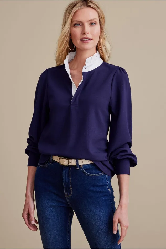 Soft Surroundings Petites Bridget Ruffle Top Navy Women Tops