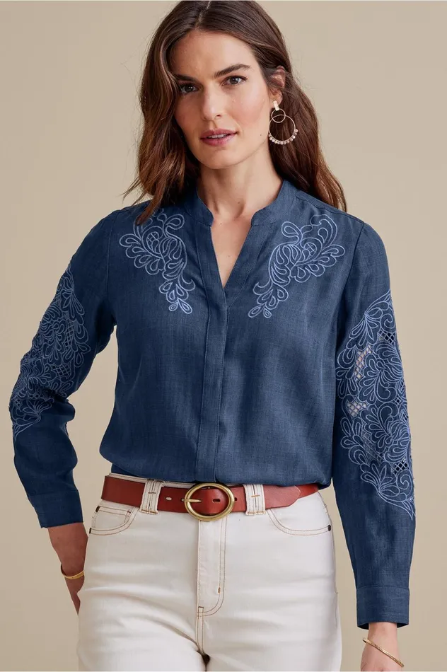 Soft Surroundings Petites Thalia Tencel Shirt Medium Denim Women Tops