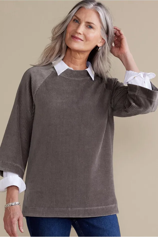 Soft Surroundings Samina Corduroy Pullover Shoreline Grey Women Tops