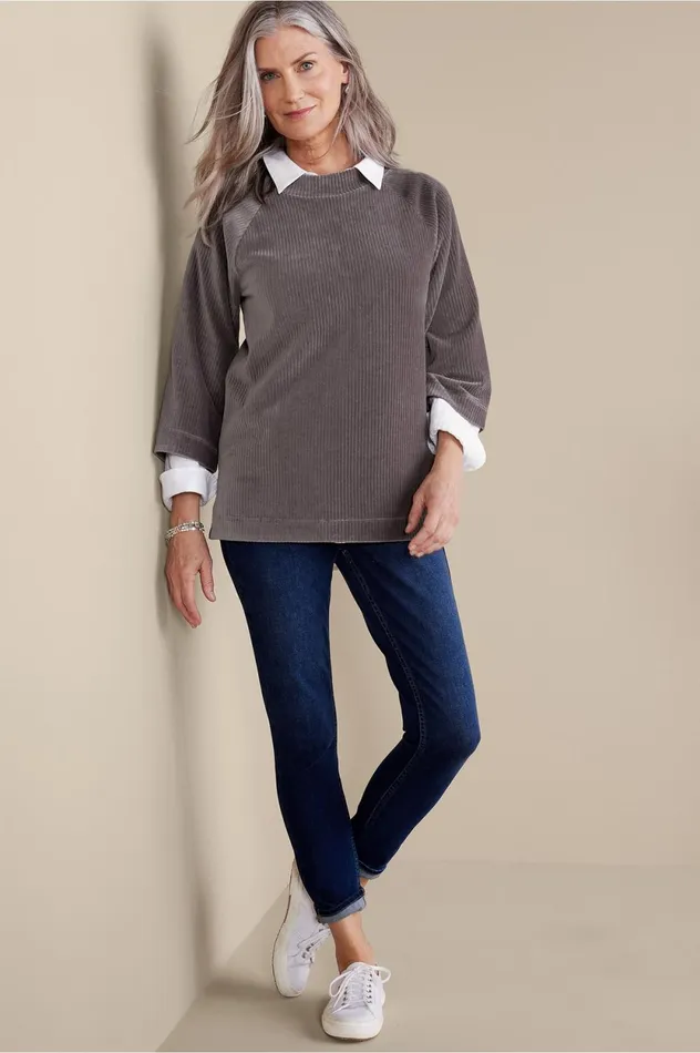 Soft Surroundings Samina Corduroy Pullover Shoreline Grey Women Tops Soft Surroundings Samina Corduroy Pullover Shoreline Grey Women Tops