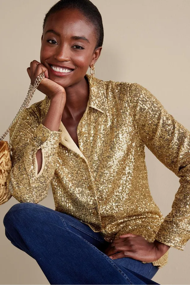 Soft Surroundings Sancerre Sequin Shirt Gold Sequin Women Tops