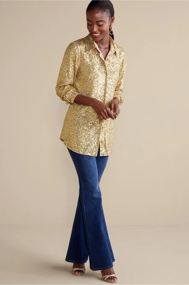 Soft Surroundings Sancerre Sequin Shirt Gold Sequin Women Tops Soft Surroundings Sancerre Sequin Shirt Gold Sequin Women Tops