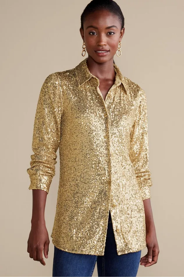 Soft Surroundings Sancerre Sequin Shirt Gold Sequin Women Tops Soft Surroundings Sancerre Sequin Shirt Gold Sequin Women Tops