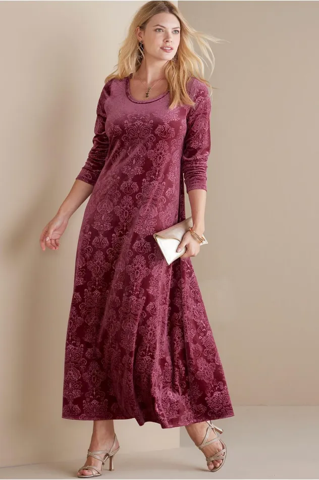 Soft Surroundings Santiago Embossed Velvet Dress Cabernet Tapestry Women Dresses