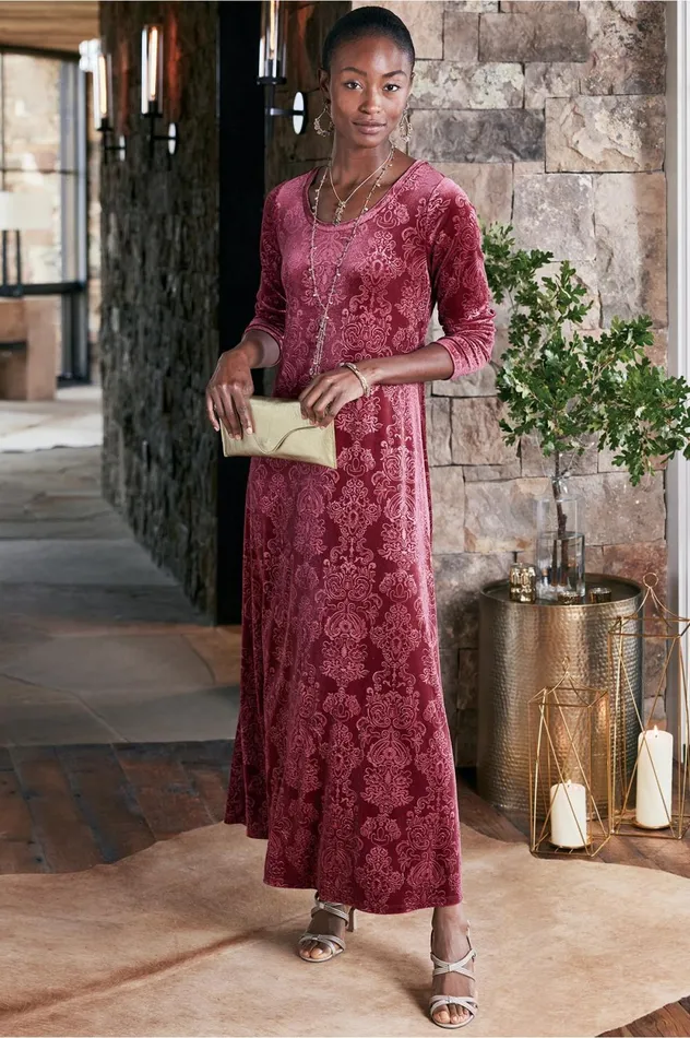 Soft Surroundings Santiago Embossed Velvet Dress Cabernet Tapestry Women Dresses Soft Surroundings Santiago Embossed Velvet Dress Cabernet Tapestry Women Dresses