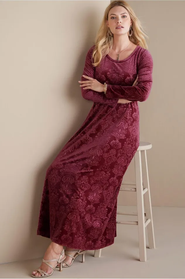 Soft Surroundings Santiago Embossed Velvet Dress Cabernet Tapestry Women Dresses Soft Surroundings Santiago Embossed Velvet Dress Cabernet Tapestry Women Dresses
