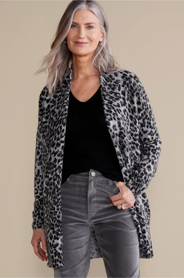Soft Surroundings Sibyl Cashmere Printed Cardigan Snow Leopard Women Sweaters and Cardigans Soft Surroundings Sibyl Cashmere Printed Cardigan Snow Leopard Women Sweaters and Cardigans