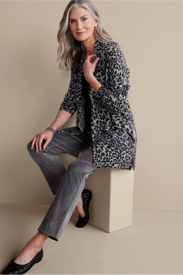 Soft Surroundings Sibyl Cashmere Printed Cardigan Snow Leopard Women Sweaters and Cardigans Soft Surroundings Sibyl Cashmere Printed Cardigan Snow Leopard Women Sweaters and Cardigans