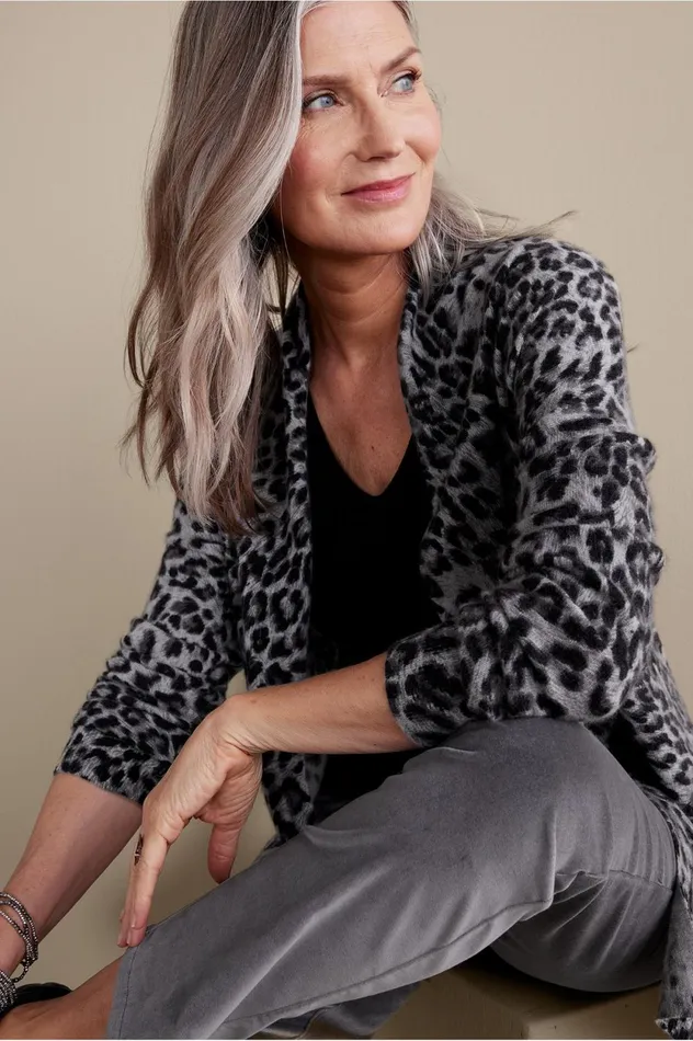 Soft Surroundings Sibyl Cashmere Printed Cardigan Snow Leopard Women Sweaters and Cardigans Soft Surroundings Sibyl Cashmere Printed Cardigan Snow Leopard Women Sweaters and Cardigans