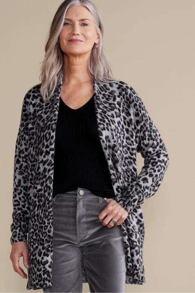 Soft Surroundings Sibyl Cashmere Printed Cardigan Snow Leopard Women Sweaters and Cardigans Soft Surroundings Sibyl Cashmere Printed Cardigan Snow Leopard Women Sweaters and Cardigans