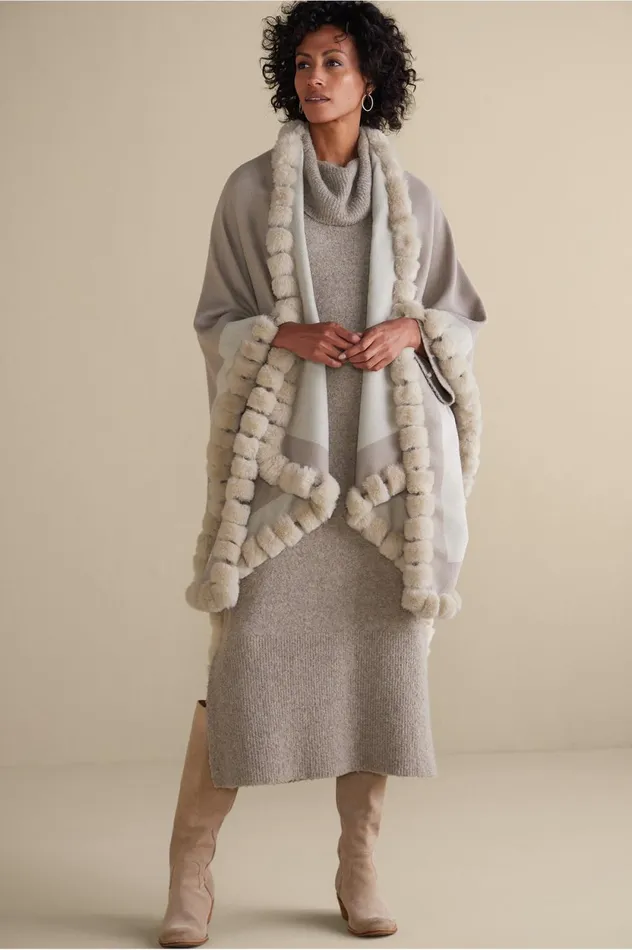 Soft Surroundings Tilda Faux Fur Trim Wrap Ecru Multi Women Scarves and Wraps Soft Surroundings Tilda Faux Fur Trim Wrap Ecru Multi Women Scarves and Wraps