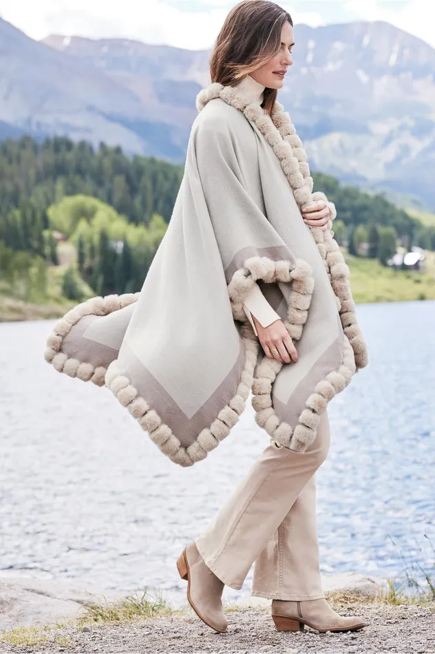 Soft Surroundings Tilda Faux Fur Trim Wrap Ecru Multi Women Scarves and Wraps Soft Surroundings Tilda Faux Fur Trim Wrap Ecru Multi Women Scarves and Wraps