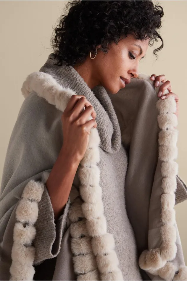 Soft Surroundings Tilda Faux Fur Trim Wrap Ecru Multi Women Scarves and Wraps Soft Surroundings Tilda Faux Fur Trim Wrap Ecru Multi Women Scarves and Wraps