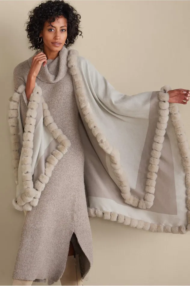 Soft Surroundings Tilda Faux Fur Trim Wrap Ecru Multi Women Scarves and Wraps Soft Surroundings Tilda Faux Fur Trim Wrap Ecru Multi Women Scarves and Wraps